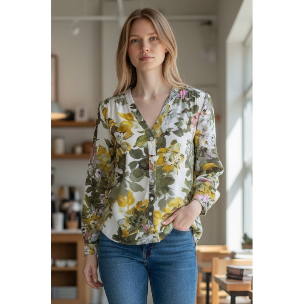 NYDJ Womens XXS Floral Print V Neck Button‎ Front Long Sleeve Blouse Top